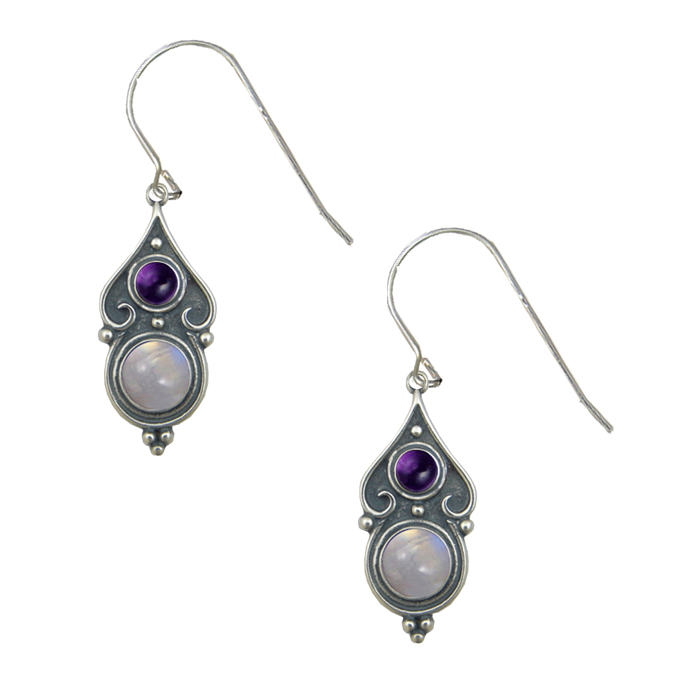 Sterling Silver Designer Post Stud Earrings With Rainbow Moonstone And Amethyst